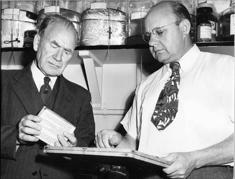 William Cruess (left) and Emil Mrak (right) with the yeast collection in 1944